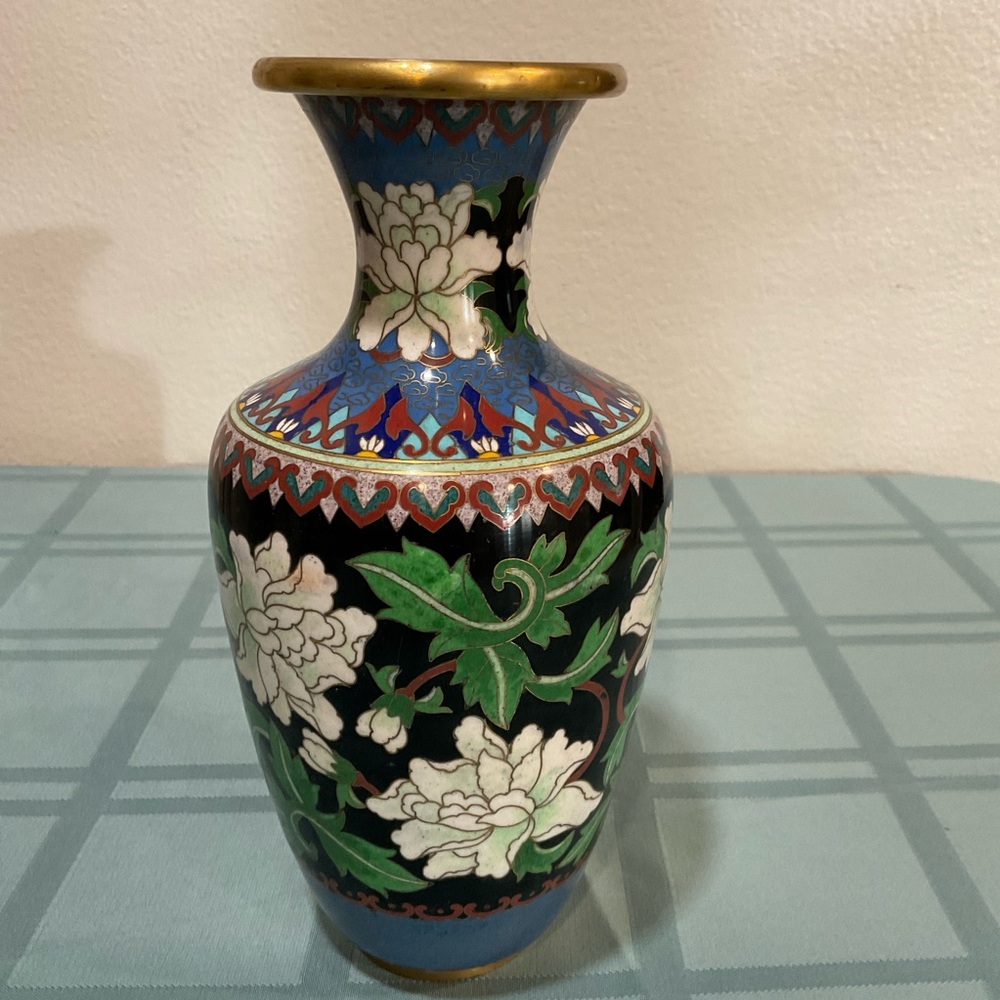 9" Chinese cloisonné enamel vase floral with brass color trim and accents
